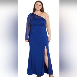 NWT! R&M Richards Cobalt Blue One-Shoulder Cape Gown With Rhinestone Detail